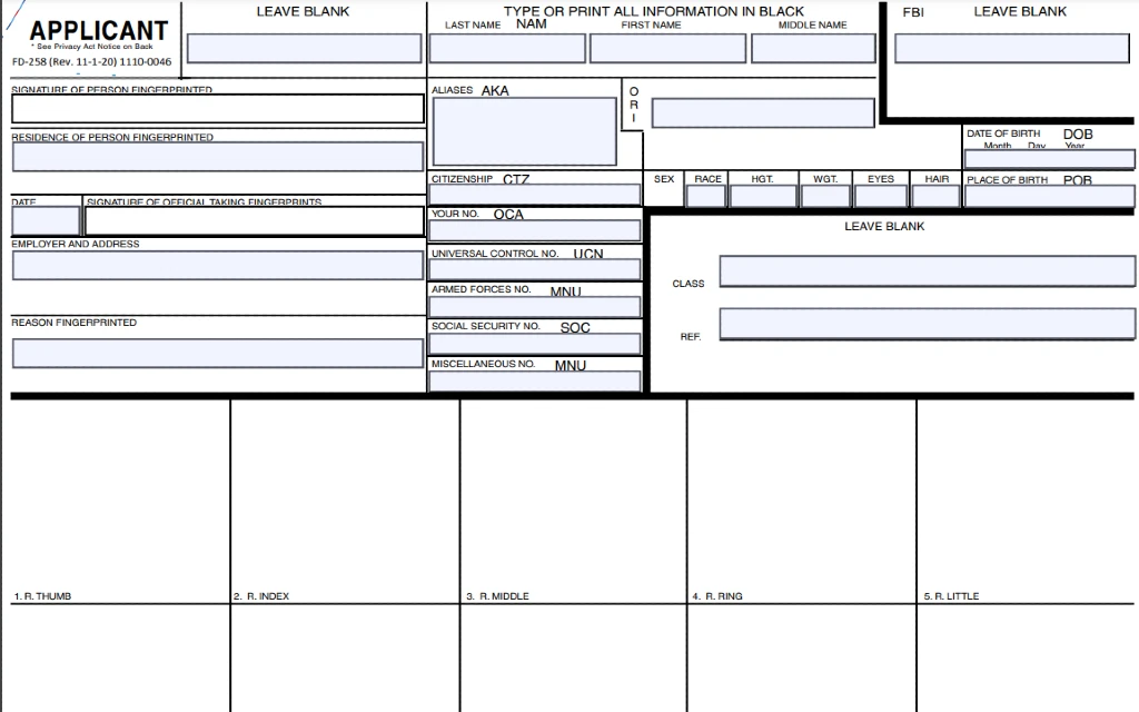 Form FD-258 to submit fingerprints and request criminal records. 