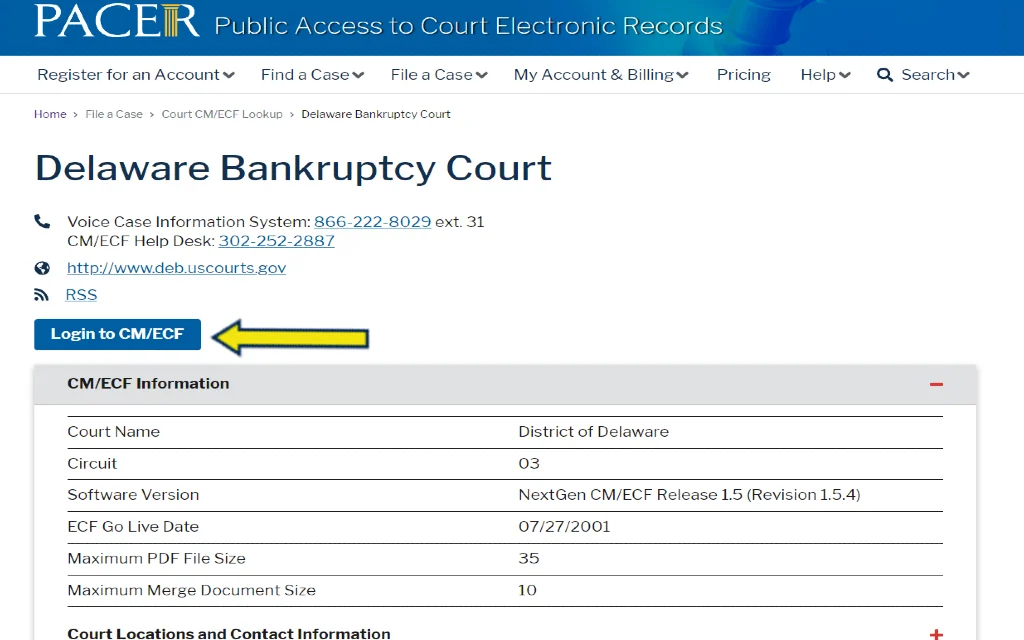The PACER website which allows citizens to find bankruptcy records in Delaware. 
