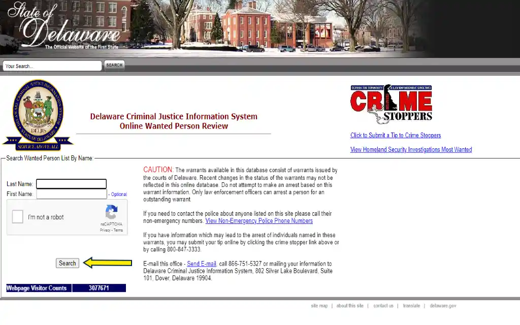 A screenshot of Delaware's Criminal Justice Information System where warrants can be checked for free by first or last name. 