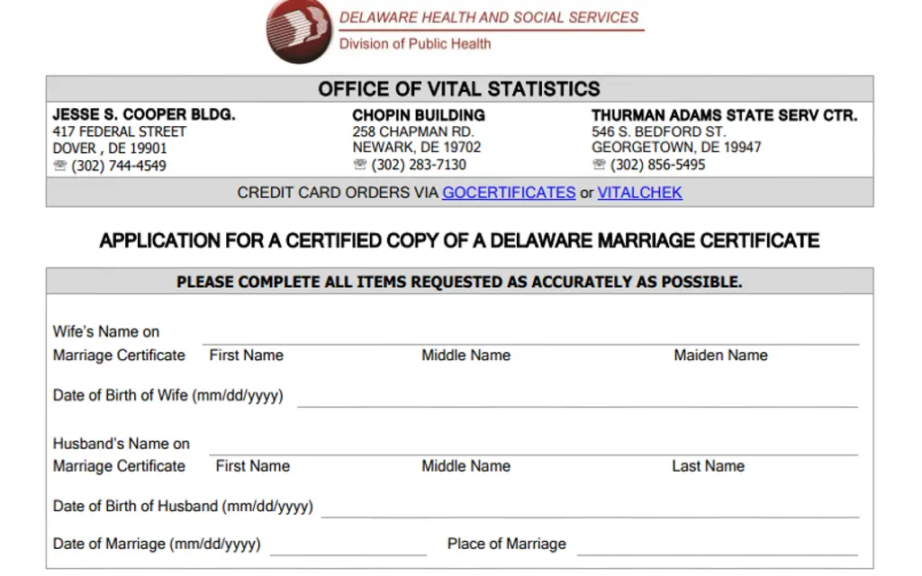 An application from the Delaware Health and Social Services to obtain marriage records for free in Delaware. 