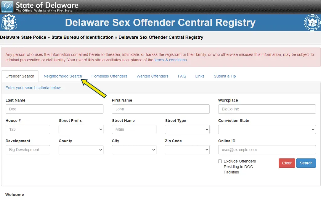 A screenshot of the Delaware sex offender registry where searchers can find sexual predators nearby. 