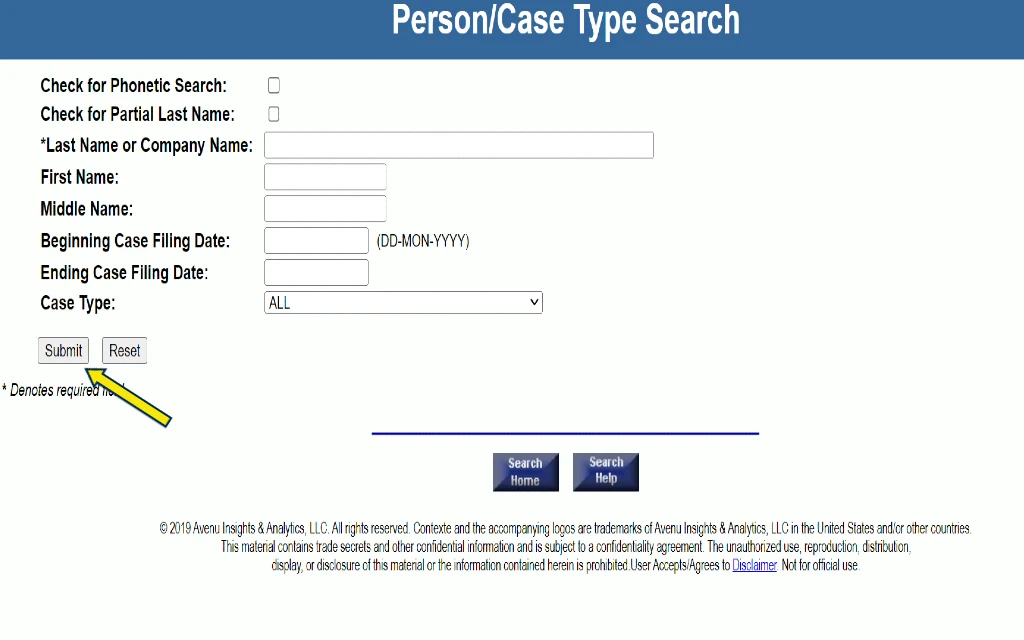 A screenshot of CourtConnect where court records can be searched using case number, name, and more. 