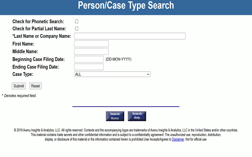 A screenshot from the state of Delaware courts judicial case database website's person or case type search page showing an empty form.