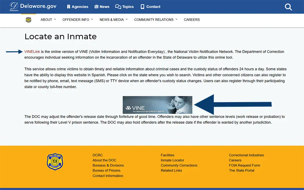 A screenshot from the official website of the state of Delaware locate an inmate page with arrows pointing at vinelinks.