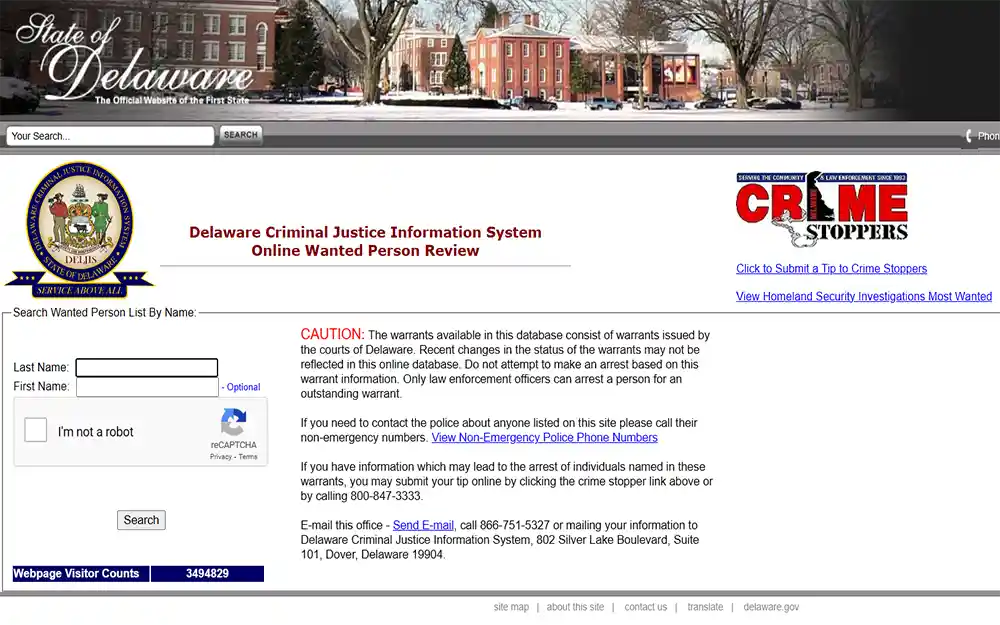A screenshot from the official website of the state of Delaware criminal justice information system online wanted person review page showing an empty search wanted person list by name.