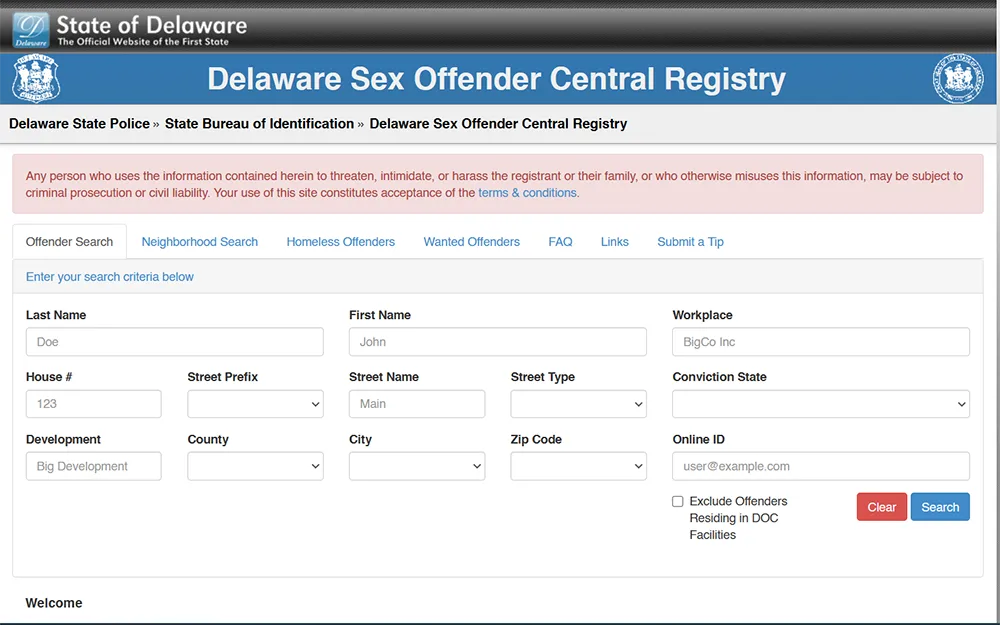 A screenshot from the official website of the first state, state of Delaware, Delaware sex offender central registry page showing an empty search criteria.