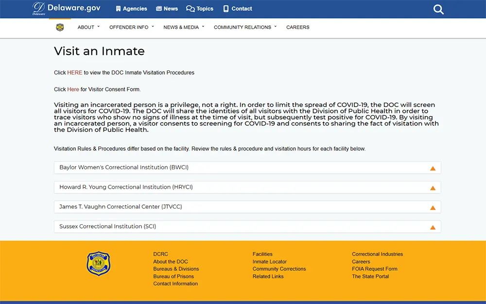 A screenshot from the official website of the state of Delaware visit an inmate page.