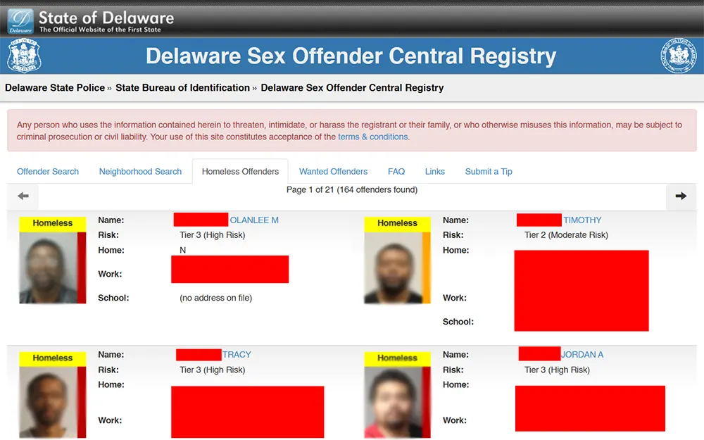 A screenshot from the official website of the first state, state of Delaware, Delaware sex offender central registry page showing the homeless offenders section with faces and description of four different men.