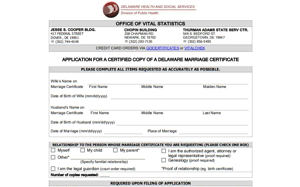 A screenshot of the Application for a Certified Copy of a Delaware Marriage Certificate from the Delaware Health and Social Services that must be filled out providing the following information: wife and husband's name on the marriage certificate, date of birth, date of marriage, and other details and submitted in-person, through mail, or online.