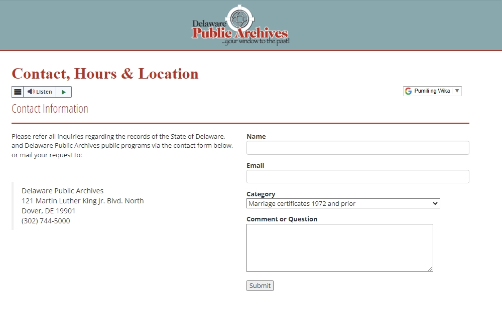 A screenshot of the contact form page of the Delaware Public Archives displaying their address, phone number and the form where an individual can mail any questions or request records requiring the category of the information, name, and email address of the requester.