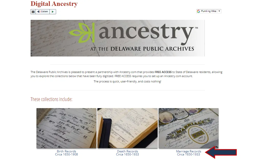 A screenshot of the collections available on the Digital Ancestry website where Delaware residents can look for public archives records, including birth, death, and marriage records.