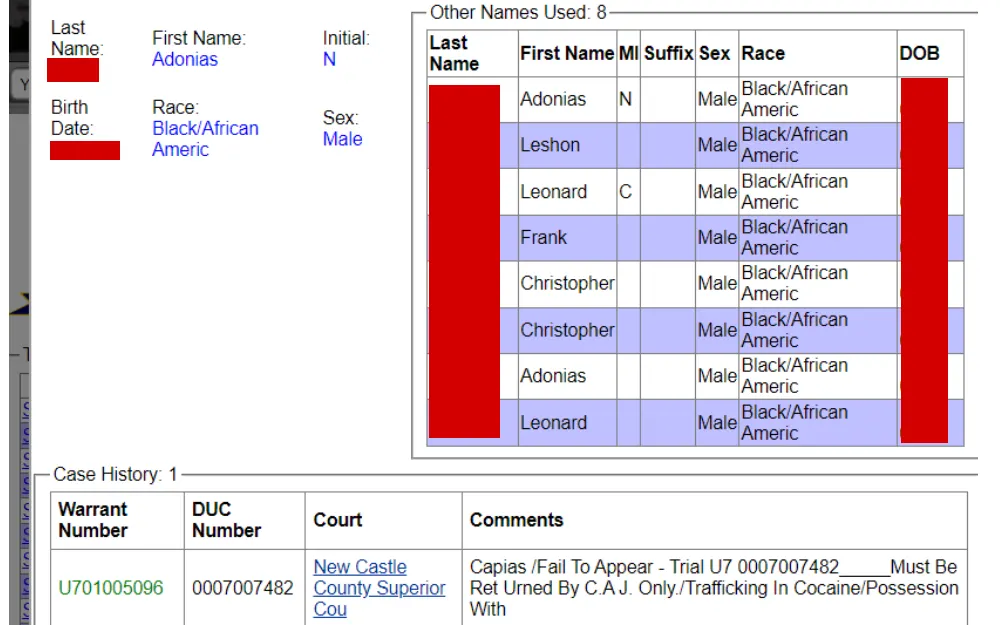 A screenshot of search result from the criminal justice information system of Delaware which shows the personal information of the fugitive together with the other names used, it also display the warrant number, DUC number, the court, and other comments regarding the arrest warrant.