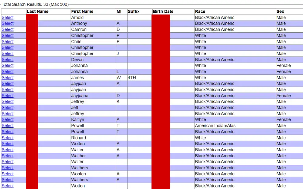 A screenshot showing the list corresponding the search result from the information system of Delaware Criminal Justice department, obtained from searching the last name of the fugitive.