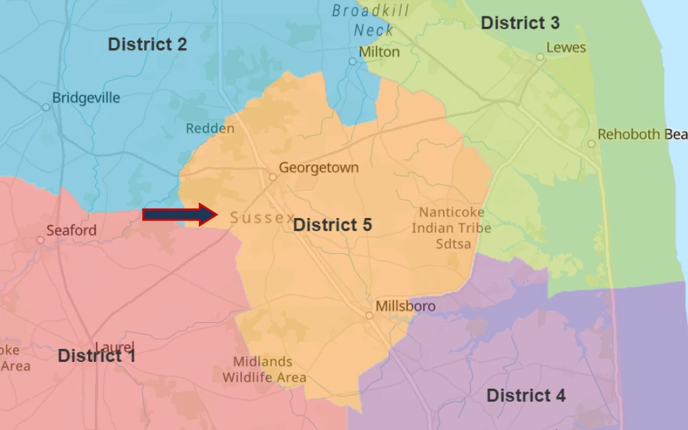 A screenshot of Sussex County, Delaware, showing its district map, namely District 5, pointed out by an arrow. 