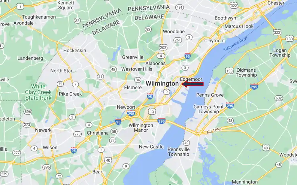 A screenshot of the map showing the boundary of Delaware, particularly emphasizing the Wilmington city, which is the largest city of Delaware, pointed by an arrow.
