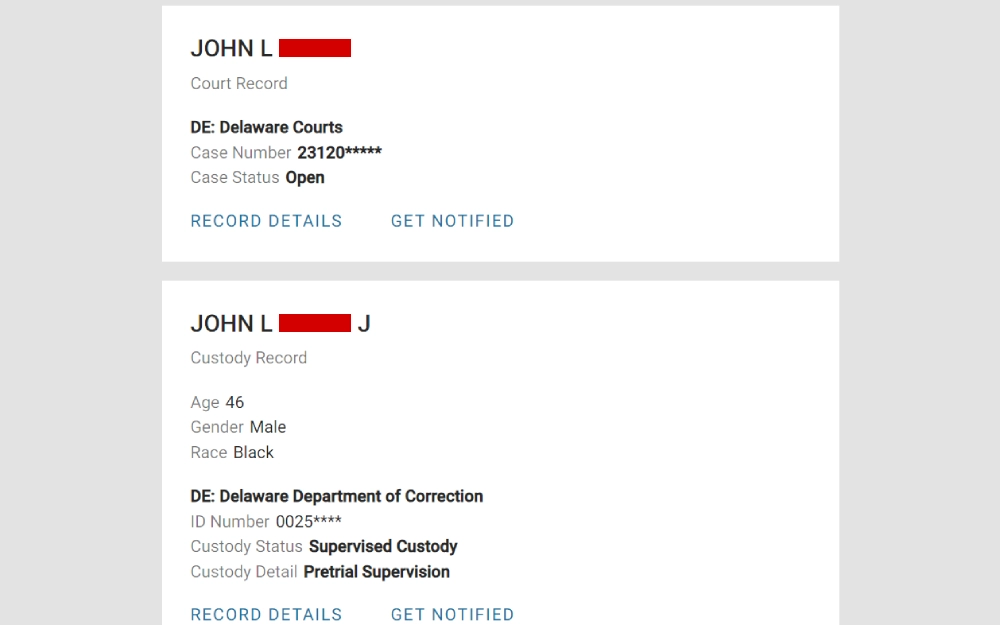 A screenshot of two separate records for a named individual, showing one as a legal case from court listings with an open status and another as a detention record indicating the person's age, gender, race, and supervisory condition before trial.