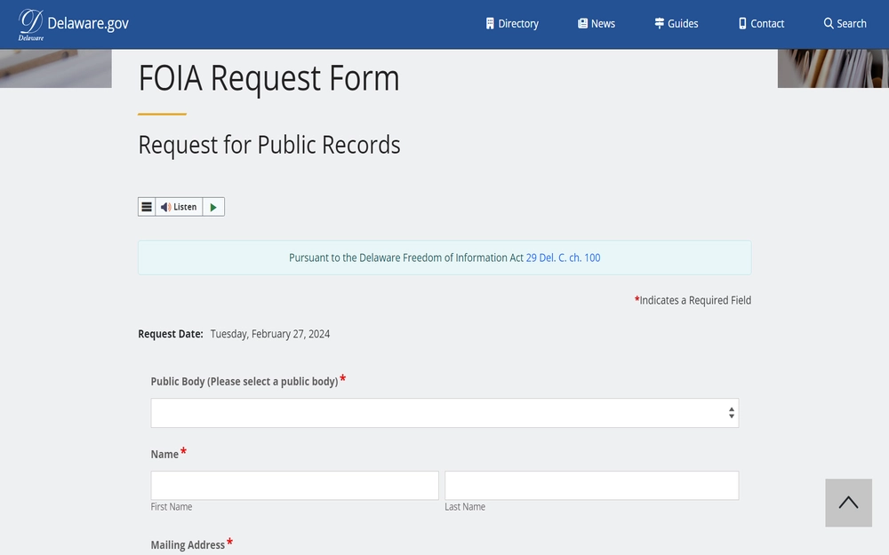 A screenshot from the Delaware Department of Correction showing an online form titled "FOIA Request Form" to be filed for requests of official documents, with fields for personal details such as name, mailing address, and more.