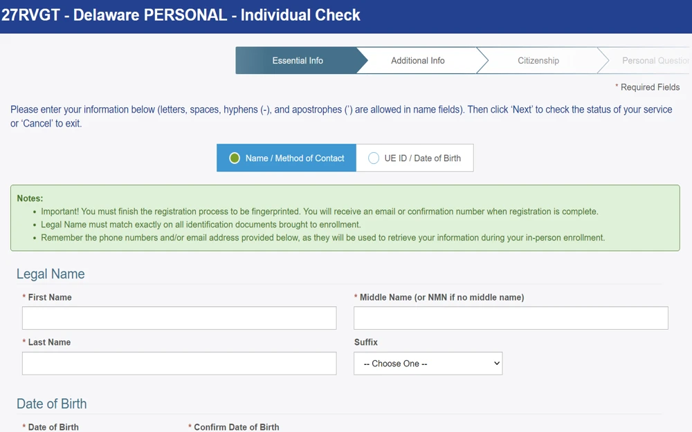 A screenshot of a Delaware Individual Check form that requires personal details such as legal name and date of birth, along with instructions and notes on completing the registration process.