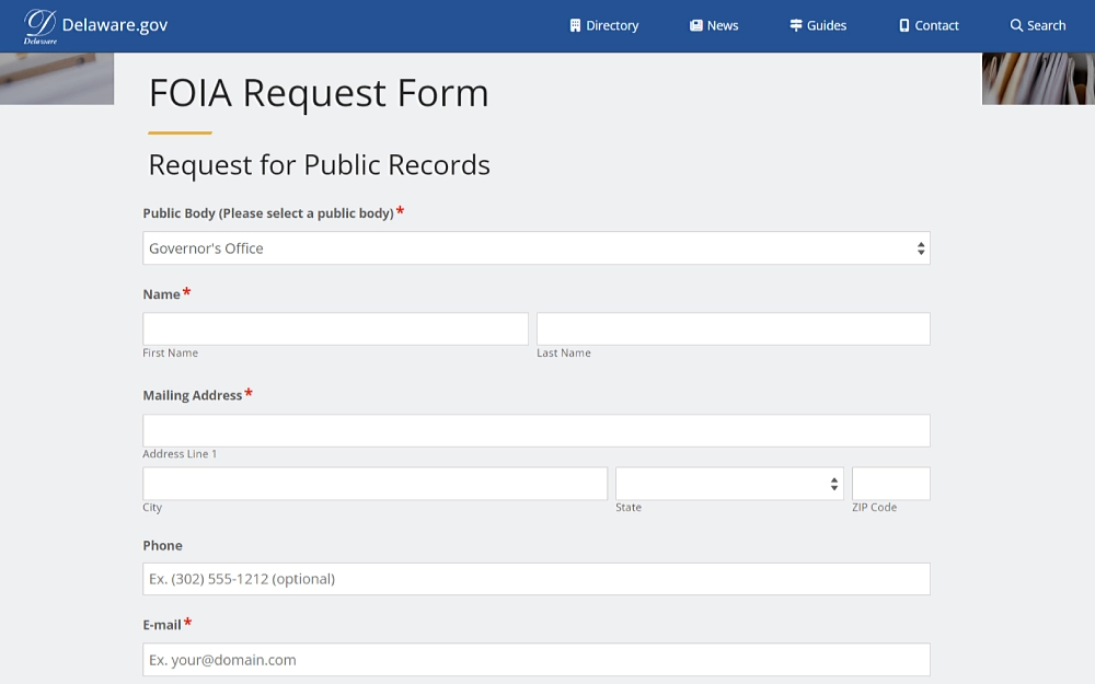 A screenshot showing a FOIA request form with information to fill out such as public body, name, mailing address including city, state and ZIP code, phone number and email address from the Delaware’s Government website.