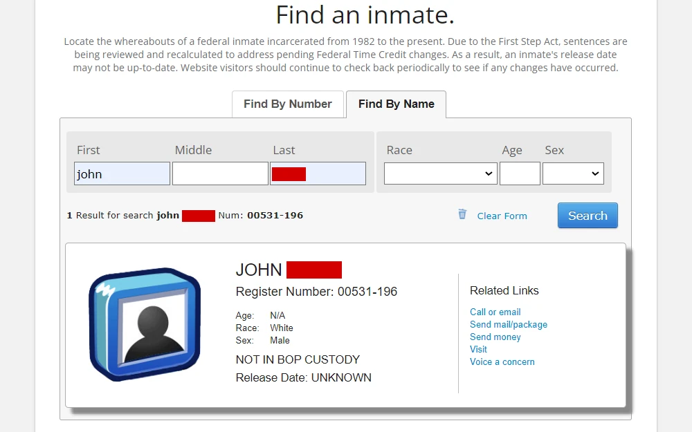 Screenshot of an overview of an inmate detail from Federal Bureau of Prison's "Find an inmate" by name search, displaying the name, register number, age, race, sex, custody, release date, and related links located at the right part of the section.