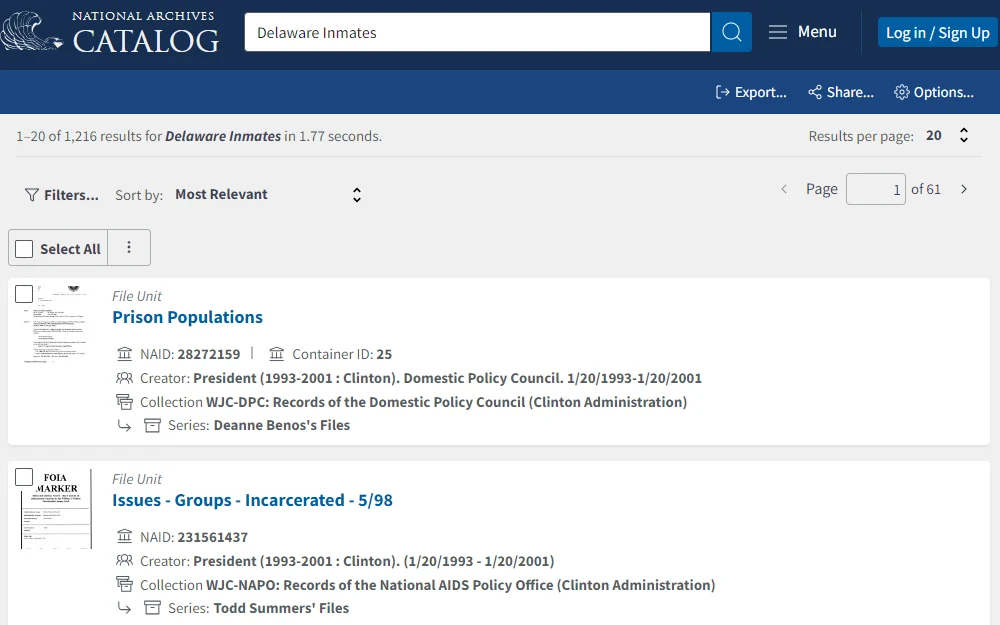 Screenshot of the search results from the National Archives Catalog provided by the U.S. National Archives and Records Administration, displaying the file units' titles, national archives IDs, container IDs, creators, collection names, and section names.