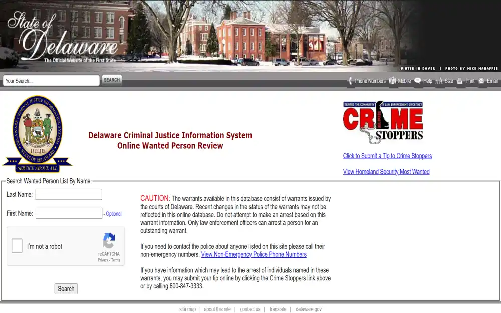 A screenshot of a webpage from the official website of the state of Delaware featuring an online search tool for reviewing individuals wanted by the judicial system, with a captcha verification and links for community assistance.